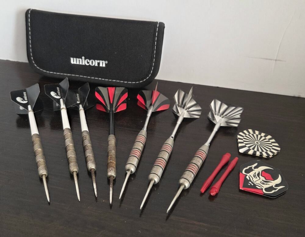 Unicorn Steel Tip Darts Set w Case Flights Shafts Open Box Never Used
